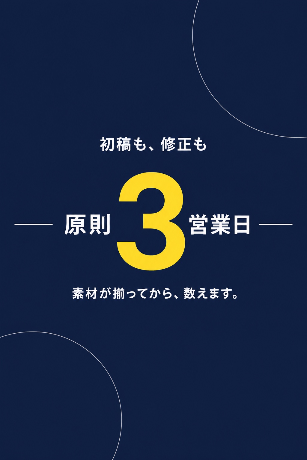 初稿も、修正も原則3営業日。素材が揃ってから数えます。